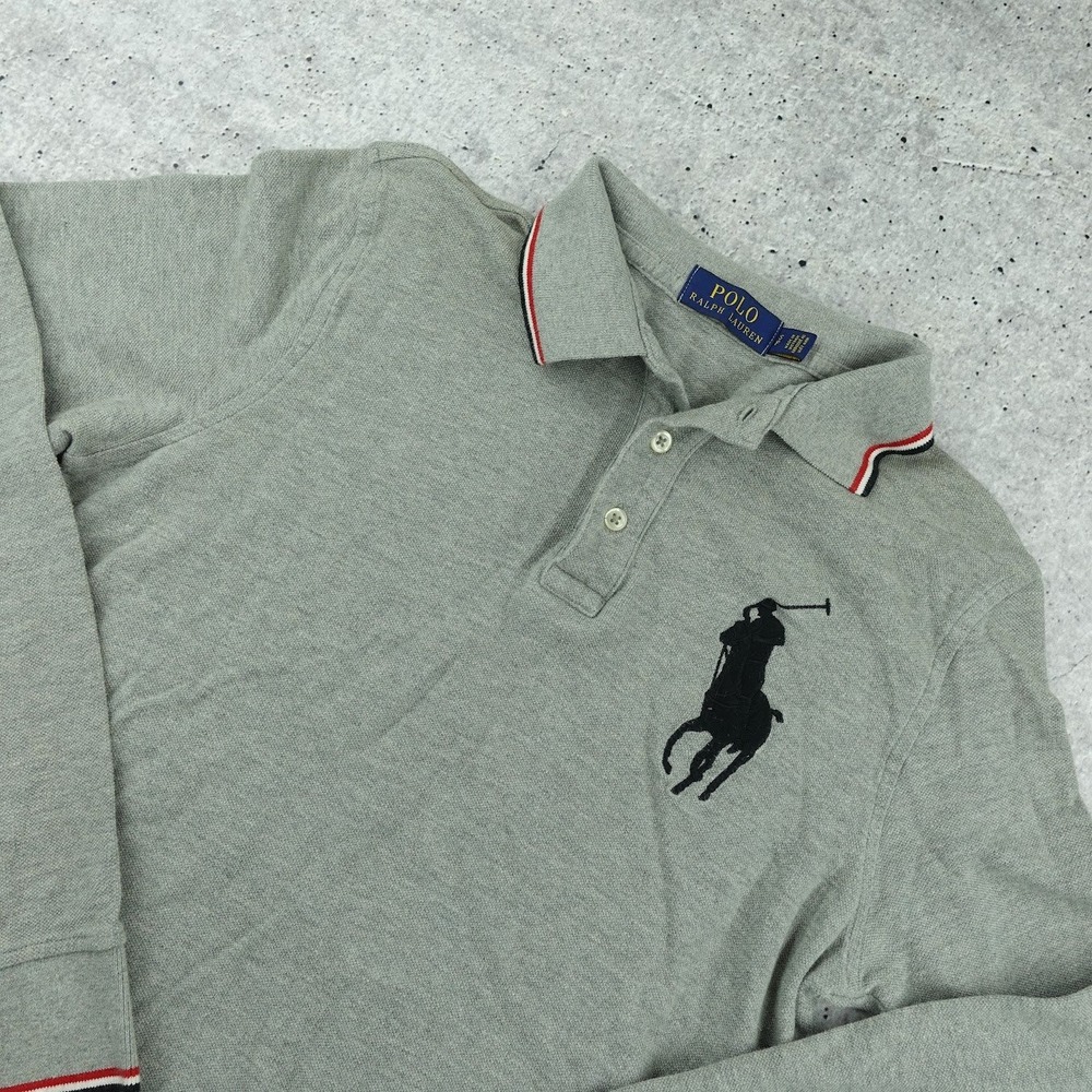 Polo Ralph Lauren Long Sleeve Polo Men Small Gray Big Pony Tipped Trim Cotton